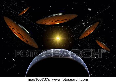 A fleet of flying saucers arriving at Earth in preparation of an attack against humanity. View Large Illustration Stock Illustration - A fleet of flying saucers arriving at Earth in preparation of an attack against humanity.. Fotosearch