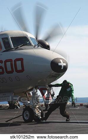 A flight deck crew member performs final checks on an E-2C Hawkeye. View Large Photo Image Picture - A flight deck crew member performs final checks on an E-2C Hawkeye.. Fotosearch