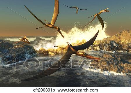 Stock Illustration - A flock of Anhanguera pterosaurs catch fish off a rocky coast.. Fotosearch
