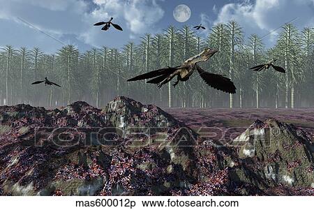 A flock of Archaeopteryx flying above a Jurassic landscape. View Large Illustration Stock Illustration - A flock of Archaeopteryx flying above a Jurassic landscape.. Fotosearch