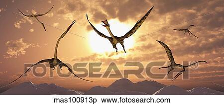 A flock of giant Quetzalcoatlus during the Cretaceous Period. View Large Illustration Stock Illustration - A flock of giant Quetzalcoatlus during the Cretaceous Period.. Fotosearch