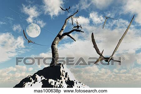A flock of Pteranodons flying on a sunny Cretaceous day. View Large Illustration Stock Illustration - A flock of Pteranodons flying on a sunny Cretaceous day.. Fotosearch