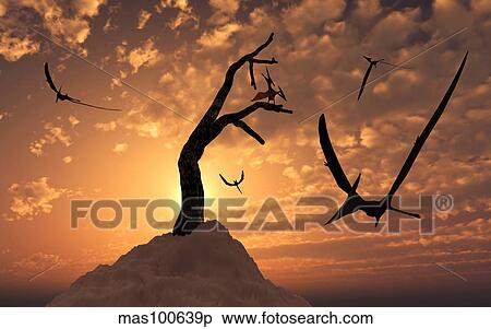 A flock of Pteranodons flying on a Cretaceous night. View Large Illustration Stock Illustration - A flock of Pteranodons flying on a Cretaceous night.. Fotosearch