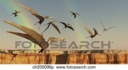 Stock Illustration - A flock of Pterodactyls fly out of a canyon.. Fotosearch