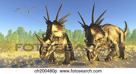 Stock Illustration - A flock of Pterodactylus fly above two Styracosaurus dinosaurs.. Fotosearch