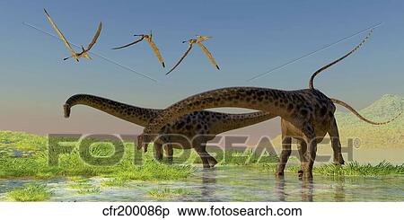 Stock Illustration - A flock of Pterosaur birds fly over two Diplodocus dinosaurs.. Fotosearch