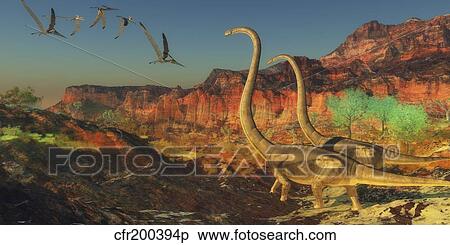 A flock of pterosaurs fly past two Omeisaurus dinosaurs. View Large Illustration Stock Illustration - A flock of pterosaurs fly past two Omeisaurus dinosaurs.. Fotosearch