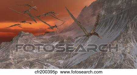 A flock of Zhenyuanopterus flying past the mountainside. View Large Illustration Stock Illustration - A flock of Zhenyuanopterus flying past the mountainside.. Fotosearch