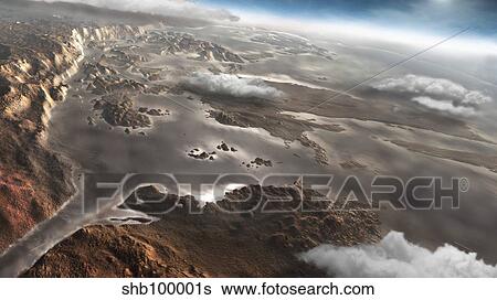 A flooded Aram Chaos region on the planet Mars. View Large Illustration Stock Illustration - A flooded Aram Chaos region on the planet Mars.. Fotosearch