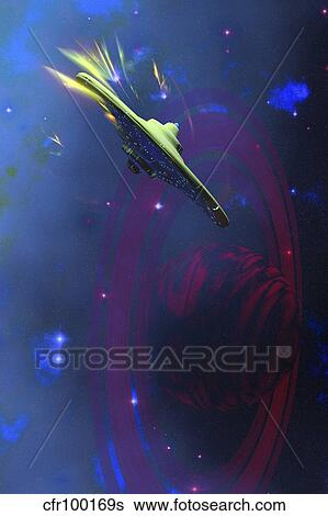 A flying saucer goes into warp speed. View Large Illustration Stock Illustration - A flying saucer goes into warp speed.. Fotosearch