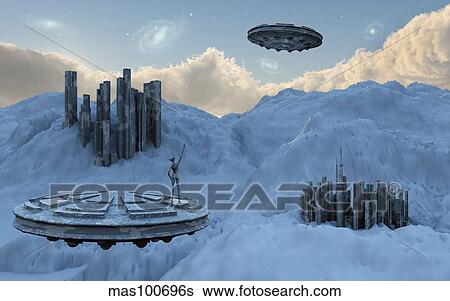 Stock Illustration - A flying saucer returns to its home base high up in the mountains. Fotosearch
