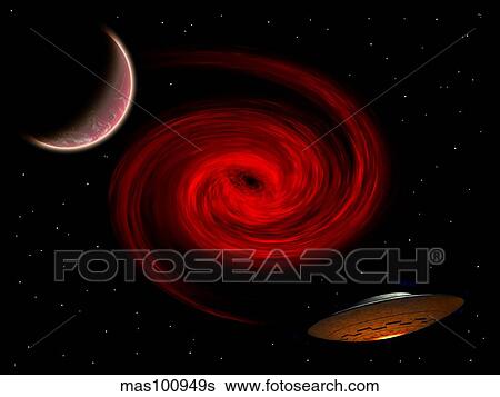Stock Illustration - A flying saucer using wormhole technology to travel to a distant world.. Fotosearch