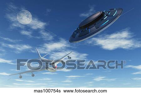 A flying suacer buzzing a Boeing 747 commercial airliner. View Large Illustration Stock Illustration - A flying suacer buzzing a Boeing 747 commercial airliner.. Fotosearch