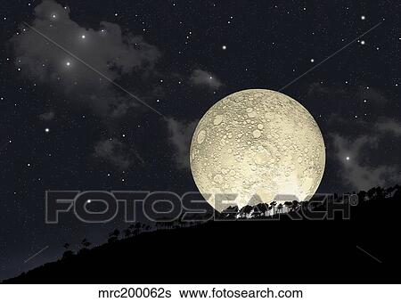 A full moon rising behind a row of hilltop trees. View Large Illustration Stock Illustration - A full moon rising behind a row of hilltop trees.. Fotosearch
