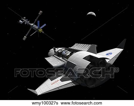 Stock Illustration - A future generation space shuttle rendezvous with a lunar cycler.. Fotosearch