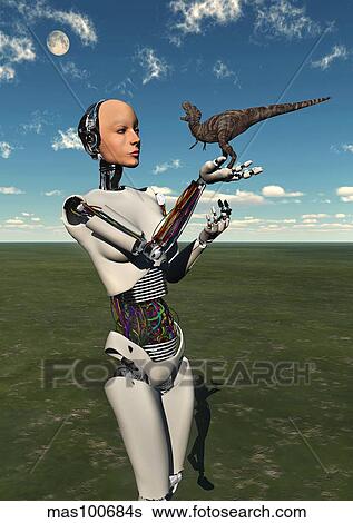 A futuristic android holding a baby Tyrannosaurus Rex in its hands. View Large Illustration Stock Illustration - A futuristic android holding a baby Tyrannosaurus Rex in its hands.. Fotosearch