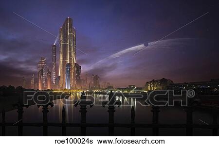 Stock Illustration - A futuristic city on an extraterrestrial planet in the morning.. Fotosearch