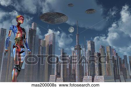 A futuristic city where robots and flying saucers are common place. View Large Illustration Stock Illustration - A futuristic city where robots and flying saucers are common place.. Fotosearch