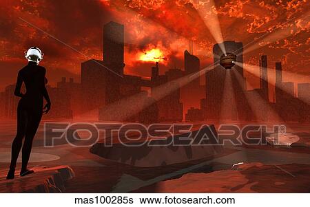 A futuristic look at a city flooded by rising waters due to the melting of the ice caps. View Large Illustration Stock Illustration - A futuristic look at a city flooded by rising waters due to the melting of the ice caps.. Fotosearch