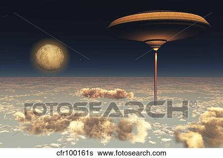 Stock Illustration - A futuristic space station hovers above the Earth.. Fotosearch