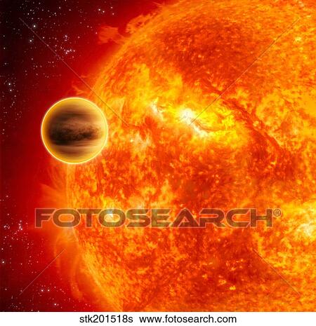 Stock Illustration - A gas-giant exoplanet transiting across the face of its star.. Fotosearch