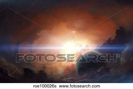 Stock Illustration - A gas giant partly hidden in a nebula.. Fotosearch