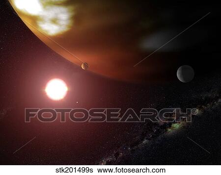A gas giant planet orbiting a red dwarf star. View Large Illustration Stock Illustration - A gas giant planet orbiting a red dwarf star.. Fotosearch