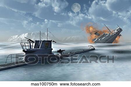 A German U-Boat attacking and sinking a ship. View Large Illustration Stock Illustration - A German U-Boat attacking and sinking a ship.. Fotosearch