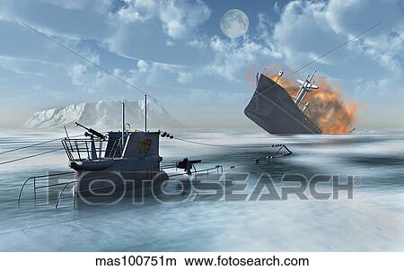 Stock Illustration - A German U-Boat attacking and sinking a ship.. Fotosearch