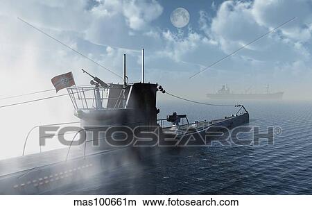 A German U-Boat moving in against an allied cargo ship. View Large Illustration Stock Illustration - A German U-Boat moving in against an allied cargo ship.. Fotosearch