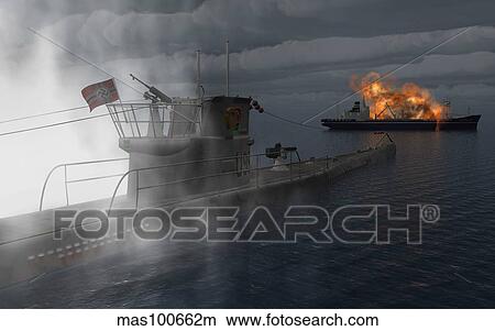 Stock Illustration - A German U-Boat moving in against an allied cargo ship.. Fotosearch