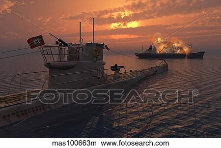 A German U-Boat moving in against an allied cargo ship. View Large Illustration Stock Illustration - A German U-Boat moving in against an allied cargo ship.. Fotosearch