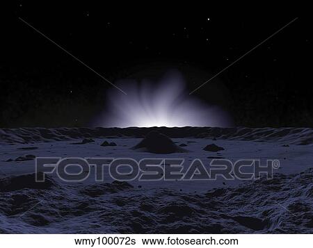 Stock Illustration - A ghostly coronal light reveals Mercury's rugged and inhospitable surface.. Fotosearch