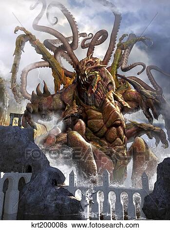 A giant Kraken emerging out of the ocean. View Large Illustration Stock Illustration - A giant Kraken emerging out of the ocean.. Fotosearch