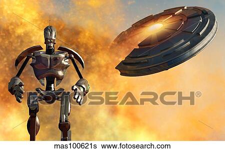 A giant robot and UFO on the attack. View Large Illustration Stock Illustration - A giant robot and UFO on the attack.. Fotosearch