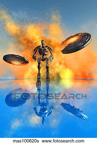 A giant robot and UFO's on the attack. View Large Illustration Stock Illustration - A giant robot and UFO's on the attack.. Fotosearch