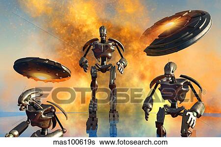 A giant robot force on the attack. View Large Illustration Stock Illustration - A giant robot force on the attack.. Fotosearch