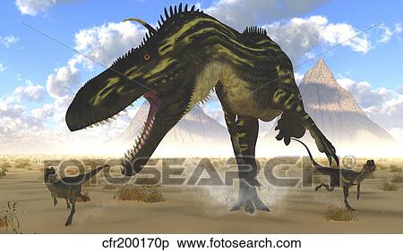 Stock Illustration - A gigantic Torvosaurus chasing two Dilophosaurus.. Fotosearch