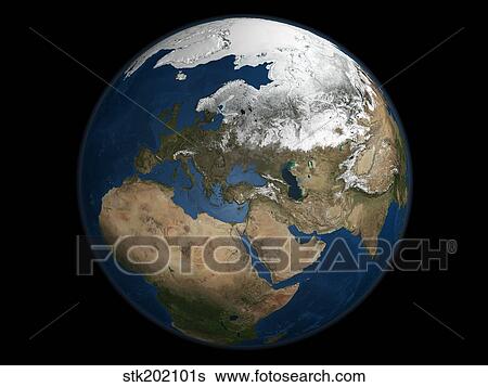 Stock Photograph - A global view over Europe and Scandinavia with Arctic sea ice.. Fotosearch