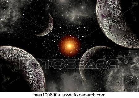 A globular star cluster with a red giant star and its planetary system. View Large Illustration Stock Illustration - A globular star cluster with a red giant star and its planetary system.. Fotosearch