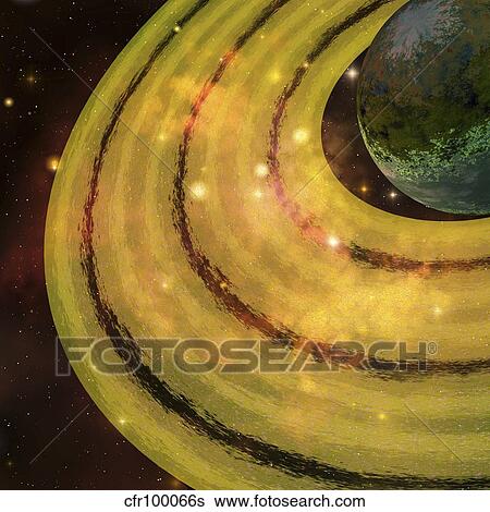 A golden ring system encircles this planet out in the galaxy. View Large Illustration Stock Illustration - A golden ring system encircles this planet out in the galaxy.. Fotosearch
