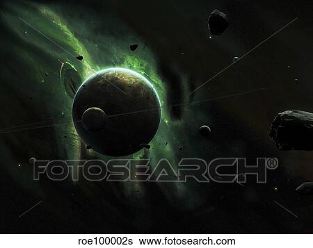 Stock Illustration - A green planet surrounded by several larger and smaller moons.. Fotosearch