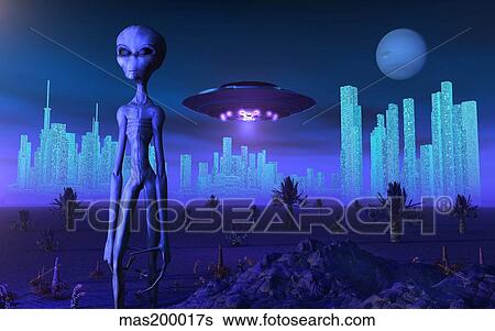 Stock Illustration - A Grey alien located on its homeworld of Zeta Reticuli.. Fotosearch