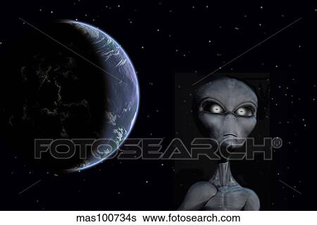 A Grey Alien with planet Earth in the background. View Large Illustration Stock Illustration - A Grey Alien with planet Earth in the background.. Fotosearch