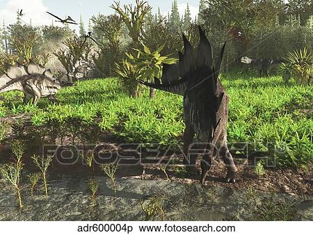 A group of dinosaurs roam western North America in the Late Jurassic. View Large Illustration Stock Illustration - A group of dinosaurs roam western North America in the Late Jurassic.. Fotosearch
