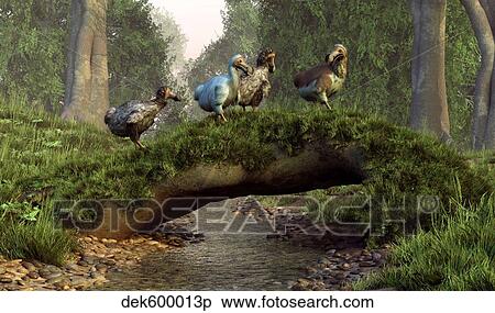 A group of Dodo birds crossing a natural bridge over a stream. View Large Illustration Stock Illustration - A group of Dodo birds crossing a natural bridge over a stream.. Fotosearch