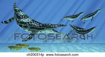 Stock Illustration - A group of Dolichorhynchops try to escape from a huge Kronosaurus.. Fotosearch