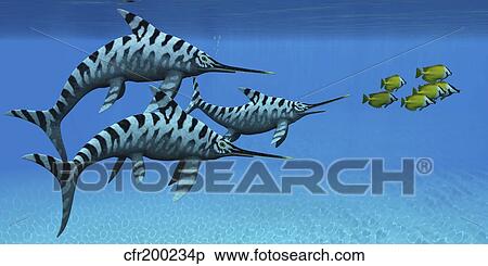 Stock Illustration - A group of fast swimming Eurhinosaurus marine reptiles.. Fotosearch