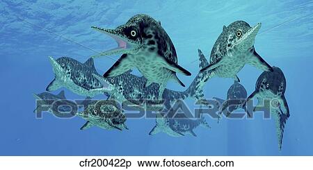 Stock Illustration - A group of Ichthyosaurs swimming in prehistoric waters.. Fotosearch