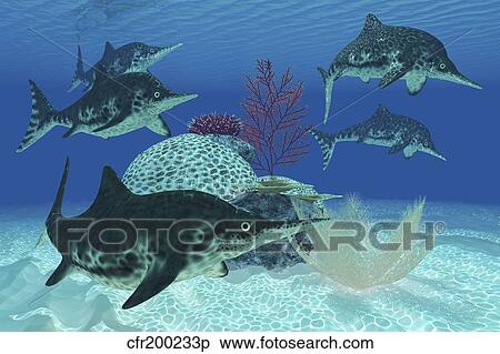 Stock Illustration - A group of large Ichthyosaurus marine reptiles swimming in prehistoric waters.. Fotosearch
